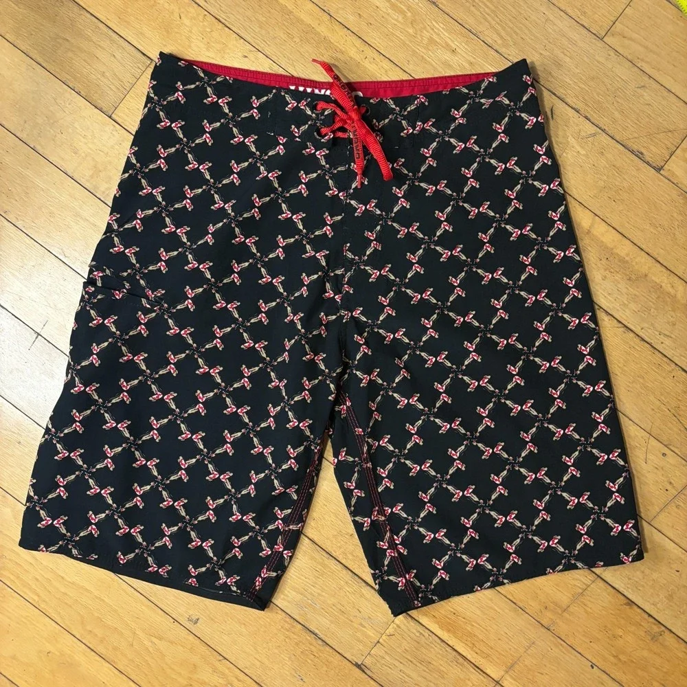 Hinano Tahiti Boardshorts Men 33 Black Red Hinano Hula Girl Print Surf Swim
